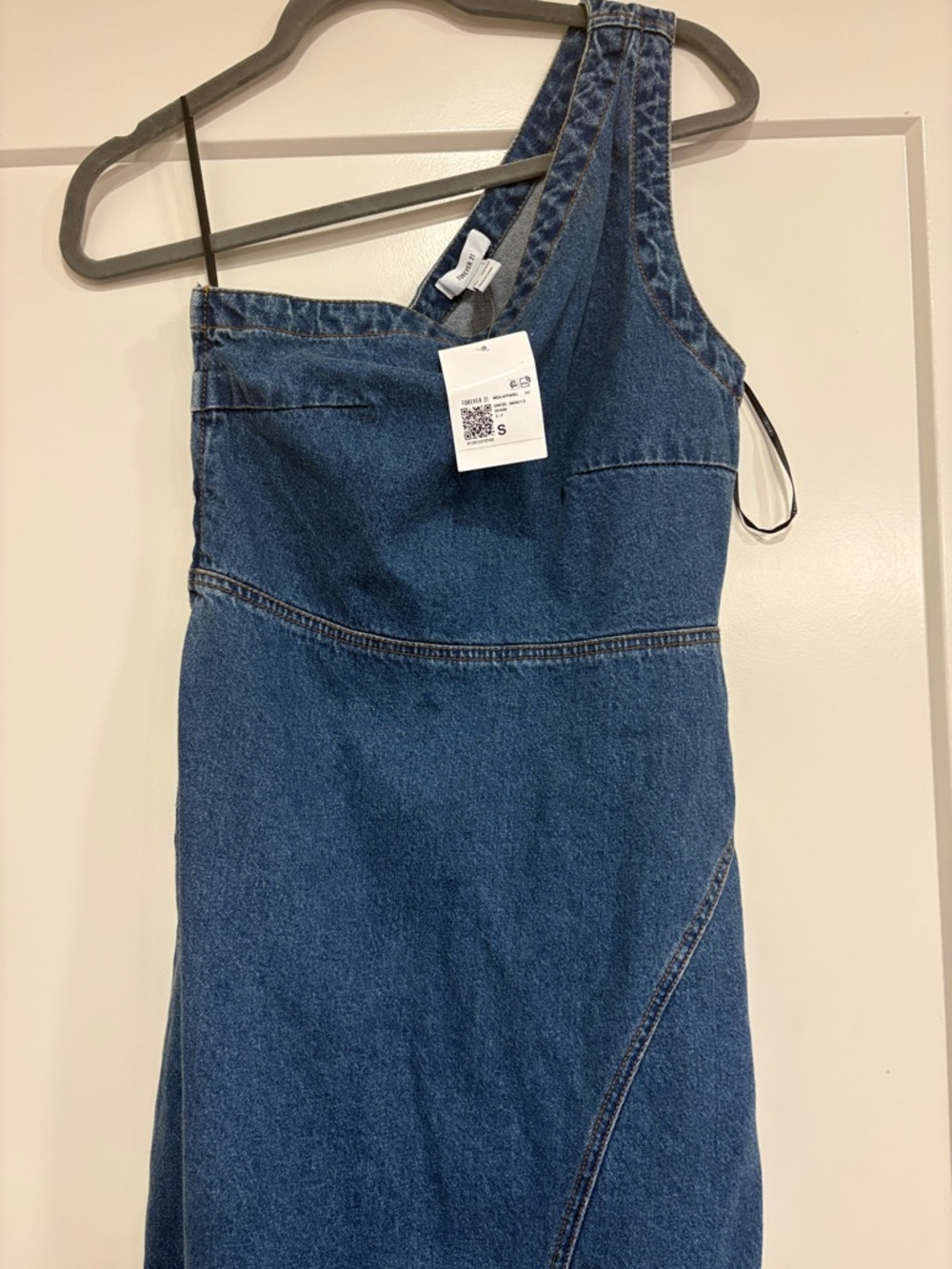 Denim One-Shoulder Maxi Skirt Dress in Dark Blue - Picture 2 of 3
